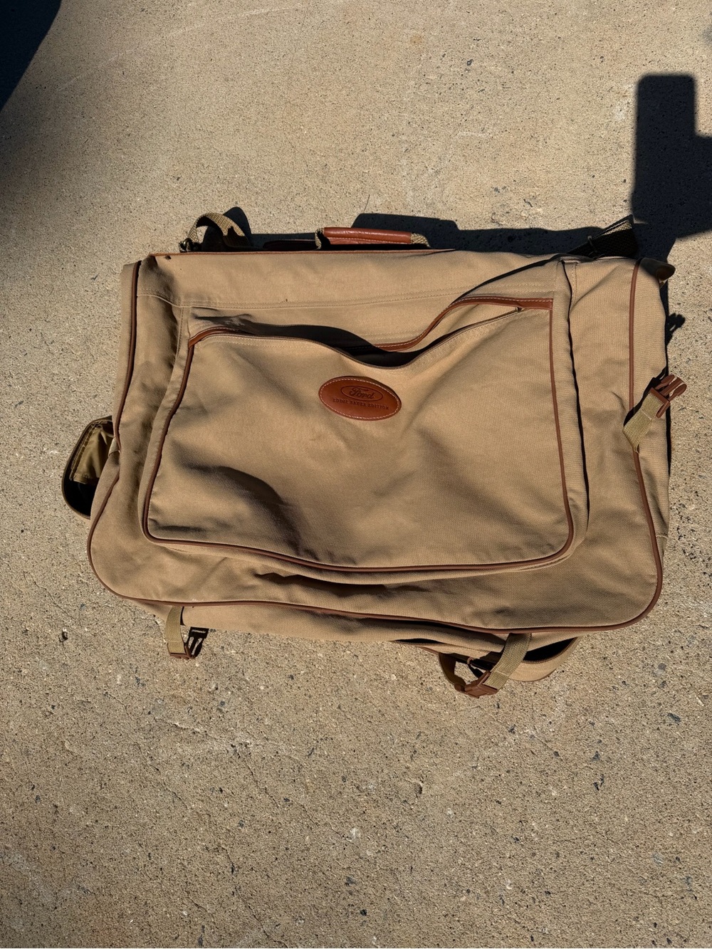 Eddie Bauer Edition Ford Khaki Canvas & Leather Garment Bag Luggage Travel Bag